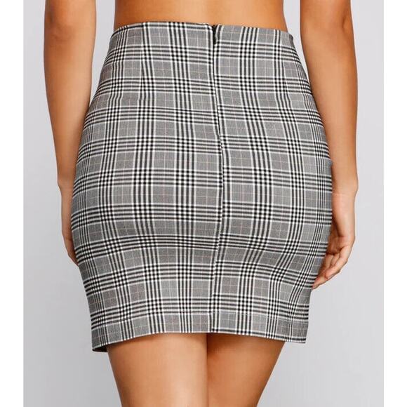 NWT Windsor Gray & Orange Plaid Print High Waist Side Slit Stretch Mini Skirt S - Picture 5 of 8
